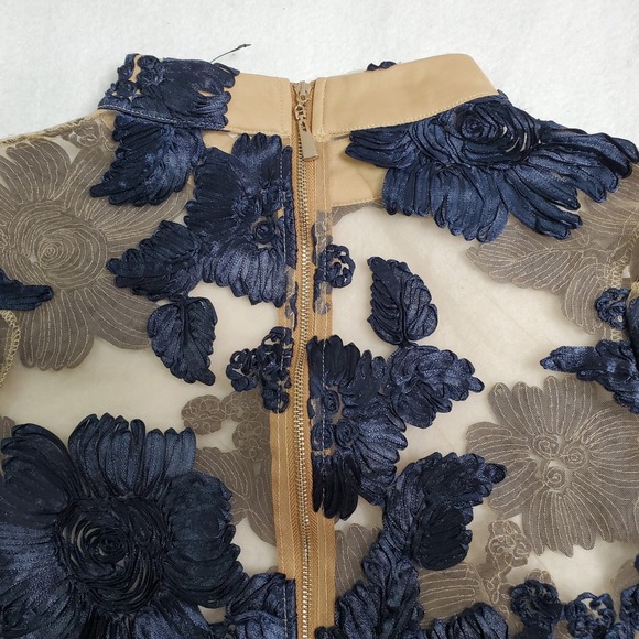 Akira Chicago Women Mesh Top Navy Blue Floral Applique Sheer Long Sleeve M - Picture 6 of 10